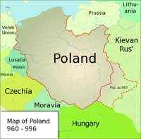 La Pologne sous le règne de Mieszko 1er, dont l'acceptation du christianisme sous les auspices de l'Église romaine et le baptême de la Pologne ont marqué le début de l'État en 966. source : wiki/Poland/ licence : CC BY-SA 3.0