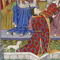 John Talbot présentant un livre à Marguerite d'Anjou. Détail d'une enluminure du Livre de Talbot-Shrewsbury par le Maître de Talbot, 1445, British Library. Source : wiki/ John Talbot (1er comte de Shrewsbury). Domaine public