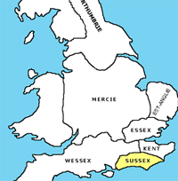 Le Sussex dans l'Heptarchie (en jaune) vers 800.