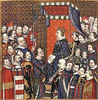 Hugues II dit Hugues II de Blois-Châtillon Comte de Saint-Pol de 1289 à 1292, puis comte de Blois de 1292-1307 Second depuis la droite lors de l'hommage de Louis II de Bourbon à Charles V de France. Source : wiki/Hugues II de Châtillon/ domaine public