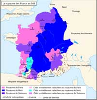 Le royaume des Francs en 548. Source : wiki/Thibaut (roi des Francs)/domaine public