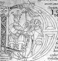 Lettre majuscule d'un manuscrit du 11ème siècle présentant Guillaume de Jumièges offrant sa Gesta Normannorum ducum à Guillaume le Conquérant