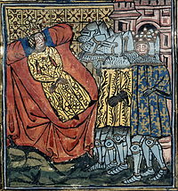 La mort de la reine Isabelle, d'après une enluminure d'un manuscrit des Grandes Chroniques de France/ domaine public