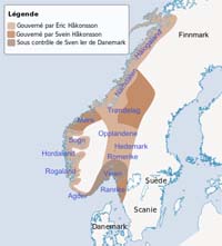 Situation de la Norvège en l'an 1000, après la bataille de Svolder. Source : wiki/Éric Håkonsson/ CC BY-SA 4.0