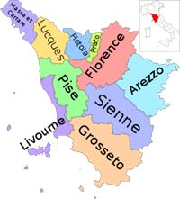La ville métropolitaine et les neuf provinces de Toscane. Source : wiki/Toscane/ domaine public