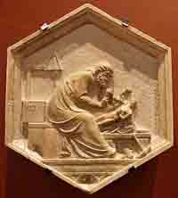 Phidias au travail, par Andrea Pisano, 1348-1350 (Museo dell'Opera del Duomo, Florence). Source : wiki/Phidias/ licence : CC BY-SA 4.0