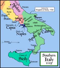 Italie du Sud en 1112. De nombreuses petites cités-États généralement sous la suzeraineté ou la vassalité des grands États, ne sont pas montrées. Les deux grandes batailles de la généralité de Ranulf sont montrées : Rignano et Nocera, indiquées par des sabres croisés. (source : wiki/ MapMaster)