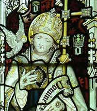 Représentation de saint David sur un vitrail de la chapelle du Jesus College à Oxford.