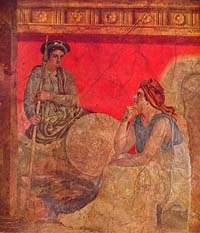 Antigone II Gonatas et sa mère Phila, détail d'une fresque de la Villa Fanninus, vers 40 av. jc, Musée archéologique de Naples.