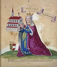 Élisabeth comme fondateur de la collégiale de Königsfelden, 15ème siècle. Source : wiki/ Élisabeth de Tyrol/ domaine public