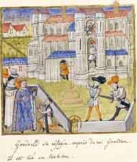 Gondoald se réfugie auprès du roi Gontran(BNF). Source : wiki/Gondovald/ domaine public