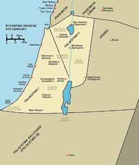 Provinces byzantines au 5ème siècle., suivant les limites des diocèses de Palestine première et de Palestine Seconde au 5ème siècle.