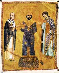 Nicéphore III Botaniatès, entouré de Jean Chrysostome et saint Michel. Miniature d'un manuscrit des homélies de Jean Chrysostome, BNF, Coislin 79,