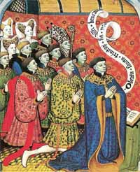 Ralph Neville et douze de ses enfants. Livre d'heures de la famille Neville, folio 27v, vers 1427-1432 (Bibliothèque nationale de France).