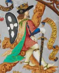 Le roi Alphonse II, enluminure issue de la Généalogie des rois de Portugal (XVIe siècle). Source : wiki/ Alphonse II (roi de Portugal)/ domaine public