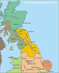 La Northumbrie au début du 8ème siècle (frontières approximatives). Source : /wiki/Northumbrie/ Auteur Hogweard/