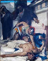 La mort de Timophane par Léon Comerre (1874) (Palais des Beaux-Arts de Lille). Source : wiki/Timophane/ domaine public