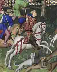 Fébus chassant le lièvre, miniature du Maître de Bedford, tirée du Livre de chasse, vers 1407, Paris, BnF. Source : wiki/Gaston III de Foix-Béarn/ domaine public