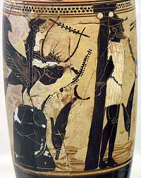 Ulysse lié au mât de son navire pour ne pas céder au chant des sirènes, Musée national archéologique d'Athènes (Inv. 1130).