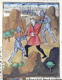 Arrestation de Radagaise, miniature médiévale issue du De casibus de Boccace. xve siècle, BnF.