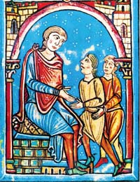 Isarn et Dalmau, seigneurs de Castellfollit, rendant hommage à Guifred II de Cerdagne (miniature du Liber feudorum Ceritaniae).