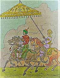 Dessin du calife fatimide Al-Adid sur son cheval, suivi de son serviteur qui l'ombrage (source : wiki/ domaine public)