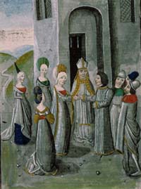Mariage de Baudouin IV de Hainaut et d'Alix de Namur. Source : wiki/Baudouin IV de Hainaut/ Chroniques de Hainaut - Paris - Bibl. Sainte-Geneviève