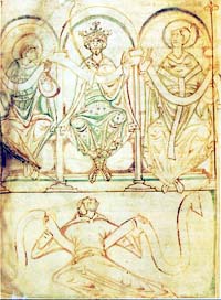 "Le roi Edgar entouré de saint Æthelwold et de saint Dunstan (manuscrit du Regularis Concordia, xie siècle, British Library)."