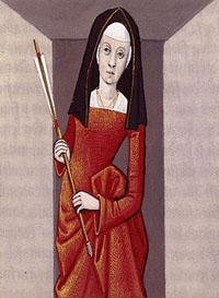 Iole tenant une flèche (réminiscence de la flèche empoisonnée d'Héraclès à Nessos), miniature de Robinet Testard tirée d'un manuscrit du De mulieribus claris de Boccace, vers 1488-1496, BNF