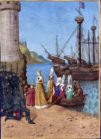 La reine Isabelle débarquant avec son fils aîné Édouard en Angleterre en septembre 1326, Grandes Chroniques de France enluminées par Jean Fouquet, vers 1455-1460. Paris, BnF,