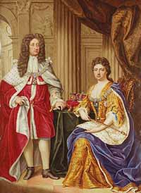 Portrait de la reine Anne et de son mari Georges de Danemark par Charles Boit (1706). (	Collection royale du Royaume-Uni). Source : wiki/Anne (reine de Grande-Bretagne)