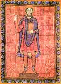 Henri le Querelleur dans le vêtement franque, miniature du 10ème siècle (Bibliothèque d'État de Bamberg). Source ; wiki/ Henri II de Bavière/ domaine public