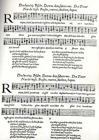 Deux parties de l'harmonisation à trois voix du psaume 87 en néerlandais, Roepen, bidden, kermen ende claghen (1556), de la série d'éditions consacrées aux Souterliedekens de Clemens non Papa, publiées chez Susato à Anvers en 1556-1557.