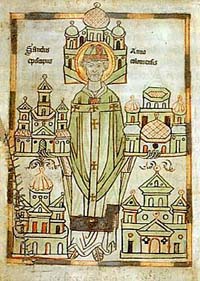 Annon II de Cologne avec les églises et les monastères qu'il a fondés. Darmstadt Anno-Vita, vers 1180, monastère de Siegburg