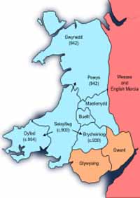 Le pays de Galles à l'époque de Hywel Dda. Source : wiki/Hywel le Bon/ licence : CC BY-SA 3.0
