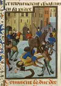 Assassinat du duc Louis d'Orléans. Enluminure du Maître de la Chronique d'Angleterre, vers 1470/1480 Paris (BnF, département des Manuscrits). Source : wiki/ Louis Ier d'Orléans/ domaine public