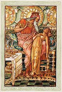 Midas Roi de Phrygie de 715 à 676 av. jc : Dans la version du mythe de Midas de Nathaniel Hawthorne, sa fille se transforme en statue lorsqu'il la touche. Walter Crane, 1893