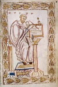 Enluminure du Moyen Âge représentant Guido d'Arezzo (source : wiki/Guido d'Arezzo/ Domaine public)