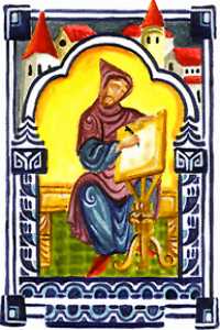 Un moine dans un scriptorium . Enluminure de manuscrit médiéval inconnu. Source : wiki/ Denys le Petit/ domaine public