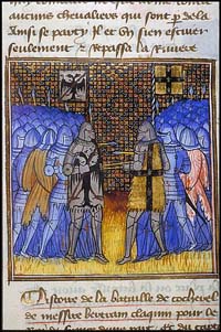 La bataille de Cocherel représentée dans une enluminure ornant les Chroniques de Jean Froissart, Bibliothèque municipale de Toulouse, ms. 511, fo 177 ro, 15ème siècle.