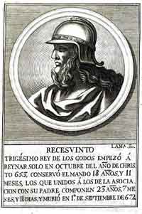 Portrait de Réceswinthe, roi Wisigoth, n° 30 dans l'ordre chronologique du livre depuis la librairie de l'Université d'Oxford. Source : wiki/Réceswinthe/domaine public