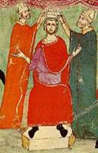 Le couronnement de Manfred Roi de Sicile en 1258, dans la Nuova Cronica de Giovanni Villani.