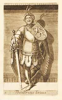 Thierry III dans un ouvrage du 16ème siècle illustration de « Les Vies et Alliances des Comtes de Hollande et Zelande » de Michael Vosmeer (British Museum). Source : wiki/Thierry III de Frise occidentale/ domaine public