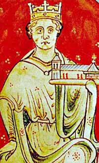 Jean d'Angleterre, extrait d'une miniature de l'Historia Anglorum de Matthieu Paris, vers 1250-1255. Il tient dans sa main gauche l'abbaye de Beaulieu, dont il est le fondateur.