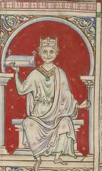 Guillaume II, extrait d'une miniature de l'Historia Anglorum de Matthieu Paris, vers 1250-1255. Il tient dans sa main droite le Hall de Westminster, dont il est le constructeur. Source : wiki/ Guillaume le Roux/ domaine public