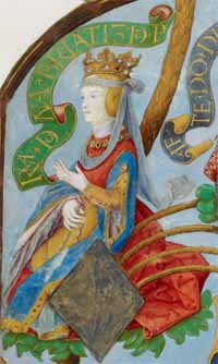 Béatrice de Castille, enluminure issue de la Généalogie des rois de Portugal (16ème siècle). Source : wiki/Béatrice de Castille (1293-1359)/ domaine public