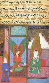 Gabriel et Mahomet, en présence de Khadija. Source : wiki/ Khadija bint Khuwaylid/ domaine public