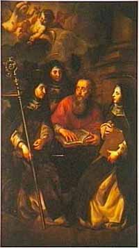 Saint Jérôme accompagné des saintes Marcelle, Paule et Eustochium (Collection Chiesa di Santa Maria Maddalena, Genua). Source : wiki/ Marcelle de Rome/ Domaine public