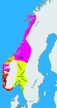 Partage du royaume à la mort de Harald à la Belle Chevelure vers 920. En violet, le domaine des jarls de Lade.