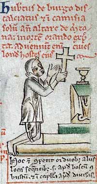 Hubert de Burgh agenouillé devant un autel, cherchant refuge à Merton. (British Library)